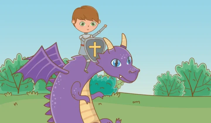 Ein kleiner Ritter sitzt auf dem Rücken eines kleinen Drachen.