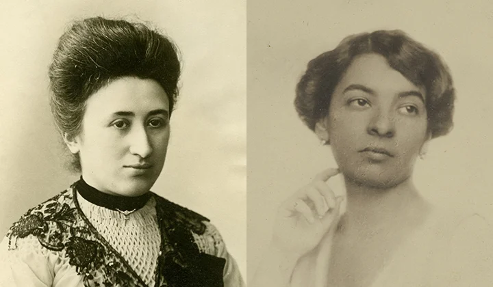 Links: Porträt Rosa Luxemburg, rechts: Porträt Dora_Pejačević