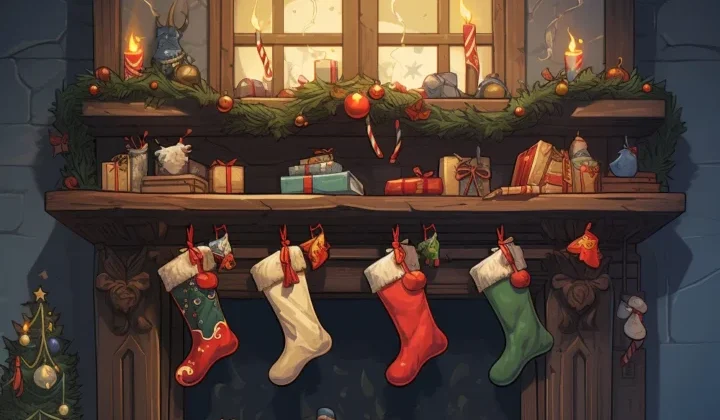 Geschenkstrümpfe und Päckchen auf und vor weihnachtlichem Kamin