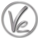 das Logo des Vorlese-Ensembles - die Buchstaben V und e in einem Kreis mit Metallic-Effekt