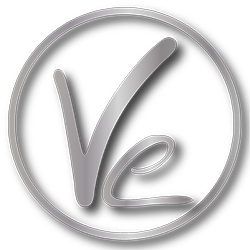 das Logo des Vorlese-Ensembles - die Buchstaben V und e in einem Kreis mit Metallic-Effekt