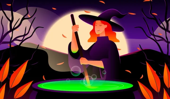 Zeichnung Hexe seelig lächelnd an einem Bottich mit grün-leuchtender Farbe